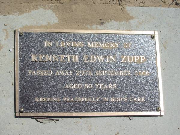 Kenneth Edwin ZUPP,  | died 29 Sept 2006 aged 80 years;  | Dugandan Trinity Lutheran cemetery, Boonah Shire  | 