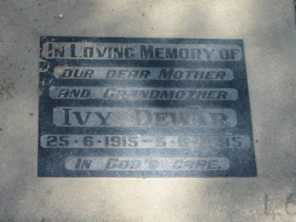 Ivy DEWAR,  | mother grandmother,  | 25-6-1915 - 5-6-1995;  | Dugandan Trinity Lutheran cemetery, Boonah Shire  | 