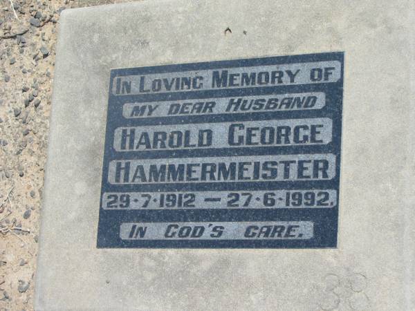Harold George HAMMERMEISTER,  | husband,  | 29-7-1912 - 27-6-1992;  | Dugandan Trinity Lutheran cemetery, Boonah Shire  | 