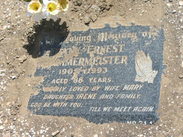 Frank Ernest HAMMERMEISTER,  | 1905 - 1993 aged 88 years;  | loved by wife Mary,  | daughter Irene & family;  | Dugandan Trinity Lutheran cemetery, Boonah Shire  | 