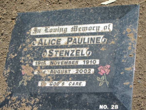 Alice Pauline STENZEL,  | 19 Nov 1910 - 3 Aug 2002;  | Dugandan Trinity Lutheran cemetery, Boonah Shire  | 