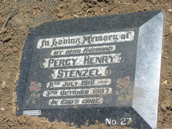 Percy Henry STENZEL,  | husband,  | 6 July 1910 - 3 Oct 1987;  | Dugandan Trinity Lutheran cemetery, Boonah Shire  | 