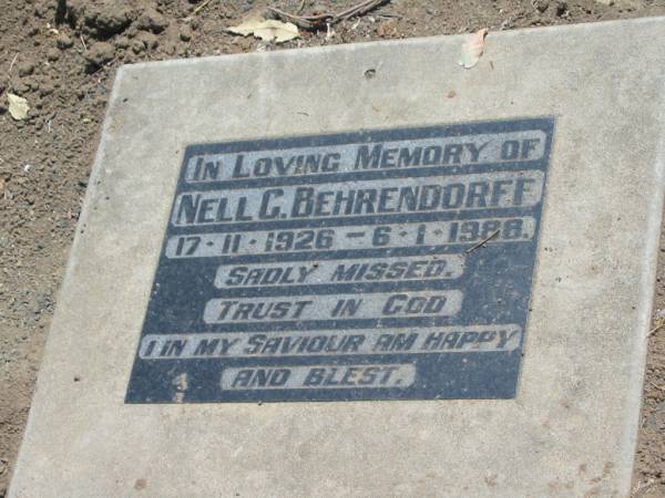 Nell C. BEHRENDORFF,  | 17-11-1926 - 6-1-1988;  | Dugandan Trinity Lutheran cemetery, Boonah Shire  | 