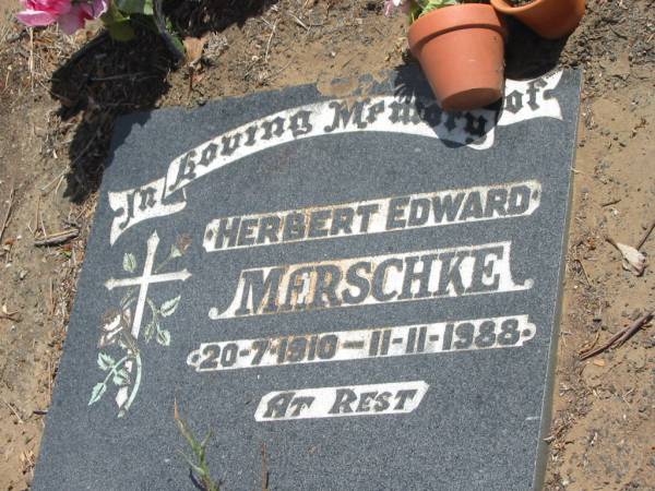 Herbert Edwar MERSCHKE,  | 20-7-1910 - 11-11-1988;  | Dugandan Trinity Lutheran cemetery, Boonah Shire  | 