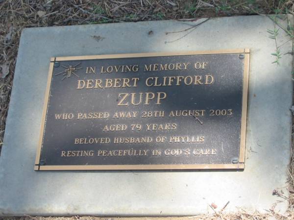Derbert Clifford ZUPP,  | died 28 Aug 2003 aged 79 years,  | husband of Phyllis;  | Dugandan Trinity Lutheran cemetery, Boonah Shire  | 
