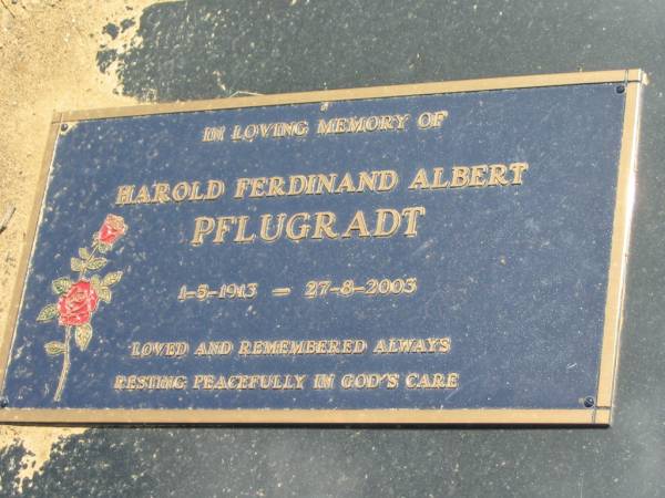 Harold Ferdinand Albert PFLUGRADT,  | 1-5-1913 - 27-8-2003;  | Dugandan Trinity Lutheran cemetery, Boonah Shire  | 