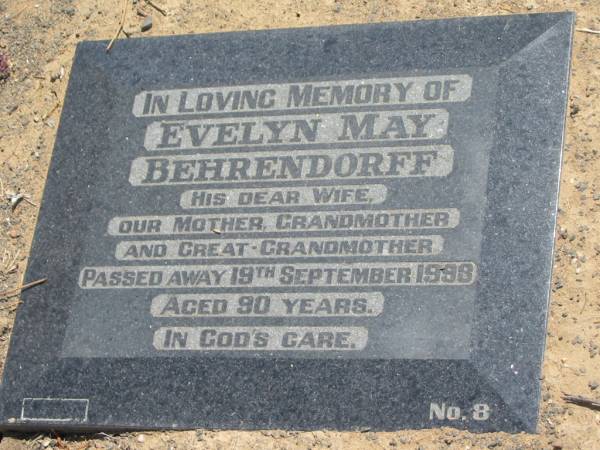 Evelyn May BEHRENDORFF,  | wife mother grandmother great-grandmother,  | died 19 Sept 1998 aged 90 years;  | Dugandan Trinity Lutheran cemetery, Boonah Shire  | 