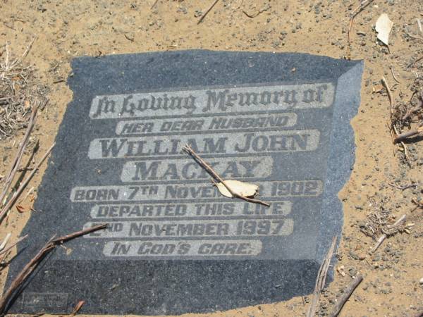 William John MACKAY,  | husband,  | born 7 Nov 1902,  | died 2 Nov 1997;  | Dugandan Trinity Lutheran cemetery, Boonah Shire  | 