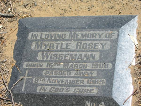 Myrtle Rosey WISSEMANN,  | born 16 March 1908,  | died 9 Nov 1985;  | Dugandan Trinity Lutheran cemetery, Boonah Shire  | 