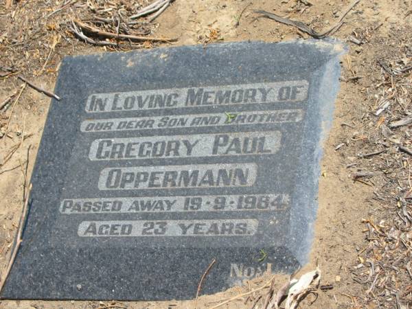 Gregory Paul OPPERMANN,  | son brother,  | died 19-9-1984 aged 23 years;  | Dugandan Trinity Lutheran cemetery, Boonah Shire  | 