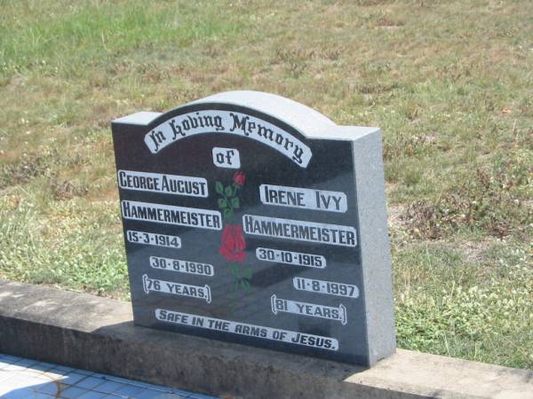 George August HAMMERMEISTER,  | dad,  | 15-3-1914 - 3-8-1990 aged 76 years;  | Irene Ivy HAMMERMEISTER,  | mum,  | 30-10-1915 - 11-8-1997 aged 81 years;  | Dugandan Trinity Lutheran cemetery, Boonah Shire  | 