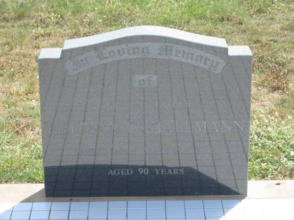 Herman C. STALLMANN,  | father,  | died 2 March 2002 aged 90 years;  | Dugandan Trinity Lutheran cemetery, Boonah Shire  | 