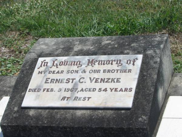 Ernest C. VENZKE,  | son brother,  | died 9 Feb 1967 aged 54 years;  | Dugandan Trinity Lutheran cemetery, Boonah Shire  | 