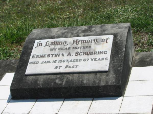 Ernestina A. SCHUBRING,  | mother,  | died 16 Jan 1967 aged 67 years;  | Dugandan Trinity Lutheran cemetery, Boonah Shire  | 