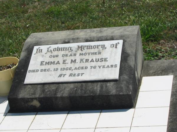 Emma E.M. KRAUSE,  | mother,  | died 19 Dec 1966 aged 76 years;  | Dugandan Trinity Lutheran cemetery, Boonah Shire  | 