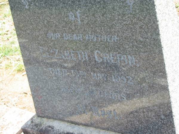 Elizabeth CREPIN,  | mother,  | died 13? May 1952 aged 75? years;  | Dugandan Trinity Lutheran cemetery, Boonah Shire  | 