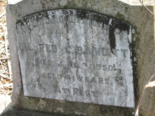 Alfred C. BANDITT,  | died 2 June 1950 aged 41 years;  | Dugandan Trinity Lutheran cemetery, Boonah Shire  | 