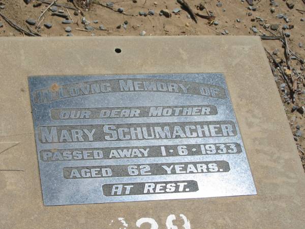 Mary SCHUMACHER,  | mother,  | died 1-6-1933 aged 62 years;  | Dugandan Trinity Lutheran cemetery, Boonah Shire  | 