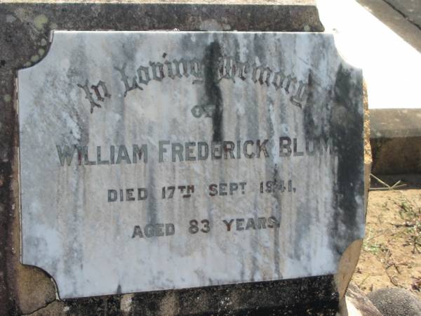 William Frederick BLUM,  | died 17 Sept 1941 aged 83 years;  | Dugandan Trinity Lutheran cemetery, Boonah Shire  | 