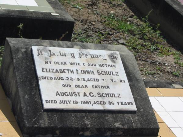 Elizabeth Minnie SCHULZ,  | wife mother,  | died 22 Aug 1975 aged 77 years;  | August A.G. SCHULZ,  | father,  | died 19 July 1981 aged 86 years;  | Dugandan Trinity Lutheran cemetery, Boonah Shire  | 
