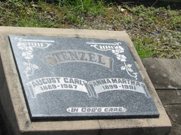 August Carl STENZEL,  | 1889 - 1987;  | Anna Marth STENZEL,  | 1899 - 1991;  | Dugandan Trinity Lutheran cemetery, Boonah Shire  | 