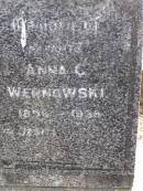 
parents;
August H.W. WERNOWSKI,
1858 - 1929;
Anna C. WERNOWSKI,
1858 - 1936;
Dugandan Trinity Lutheran cemetery, Boonah Shire
