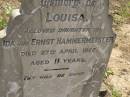 
Louisa,
daughter of Ida & Ernst HAMMERMEISTER,
died 27 April 1926 aged 11 years;
Dugandan Trinity Lutheran cemetery, Boonah Shire
