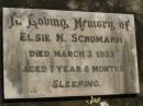 Elsie N. SCHUMANN, died 3 March 1933 aged 1 year 8 months; Dugandan Trinity Lutheran cemetery, Boonah Shire 