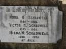 Minna O. SCHADWELL, mother, 1880 - 1950; Victor H. SCHADWELL, son, 1903 - 1925; Hilda M. SCHADWELL, daughter, 1898 - 1976; Dugandan Trinity Lutheran cemetery, Boonah Shire 