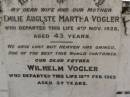 
Emilie Auguste Martha VOGLER,
wife mother,
died 4 Nov 1926 aged 43 years;
Wilhelm VOGLER,
father,
died 15 Feb 1969 aged 87 years;
Dugandan Trinity Lutheran cemetery, Boonah Shire
