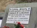 
Friedrich W. LANKOWSKI,
husband father,
died 6 July 1970 aged 70 years;
Eileen Lily LANKOWSKI,
mother,
died 12 Feb 1996 aged 80 years;
Dugandan Trinity Lutheran cemetery, Boonah Shire
