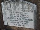 Anna H.E. WAGNER, wife mother, died 2 Oct 1951 aged 65 years; George A.G. WAGNER, father, died 11 March 1969 aged 85 years; Dugandan Trinity Lutheran cemetery, Boonah Shire 