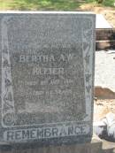 
Bertha A.W. KLEIER,
mother,
died 2 Aug 1961 aged 84 years;
Dugandan Trinity Lutheran cemetery, Boonah Shire
