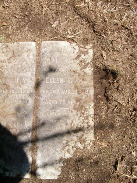 John Day  | 17 Dec 1906, aged 77  | Ellen DAY  | 24 Aug 1911, aged 70  | South Brisbane (Dutton Park) Cemetery  |   | 