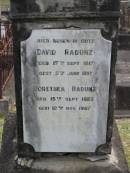 
David RADUNZ
b: 17 Sep 1817, d: 5 Jun 1897
Dorethea RADUNZ
b: 15 Sep 1823, d: 12 Nov 1907
Eagleby Cemetery, Gold Coast City
