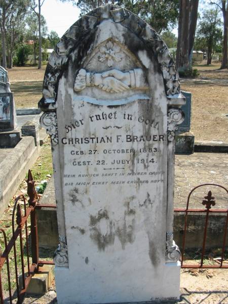 Christian F BRAUER  | b: 27 Oct 1883, d: 22 Jul 1914  | Eagleby Cemetery, Gold Coast City  | 