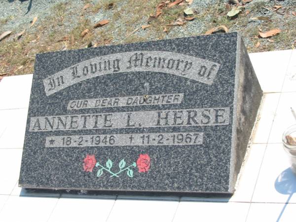 Annette L HERSE  | b: 18 Feb 1946, d: 11 Feb 1967  | Eagleby Cemetery, Gold Coast City  | 