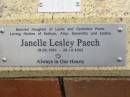 
Janelle Lesley PAECH,
daughter of Leslie & Catherine POOLE,
mother of Kathryn, Amy, Samantha & Jessica,
18-2-1961 - 28-10-2002;
St Lukes Anglican Church, Ekibin, Brisbane
