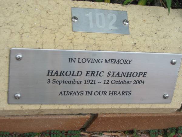 Harold Eric STANHOPE,  | 3 Sept 1921 - 12 Oct 2004;  | St Luke's Anglican Church, Ekibin, Brisbane  | 