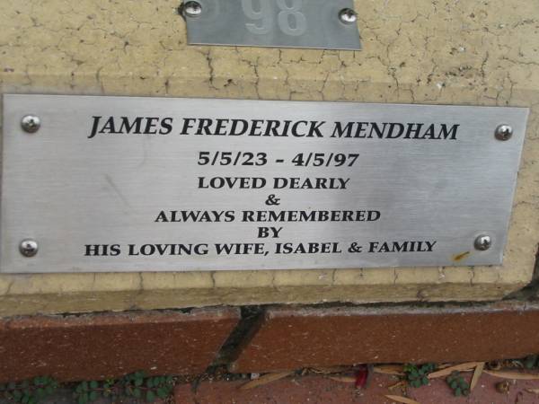 James Frederick MENDHAM,  | 5/5/23 - 4/5/97,  | wife Isabel;  | St Luke's Anglican Church, Ekibin, Brisbane  | 