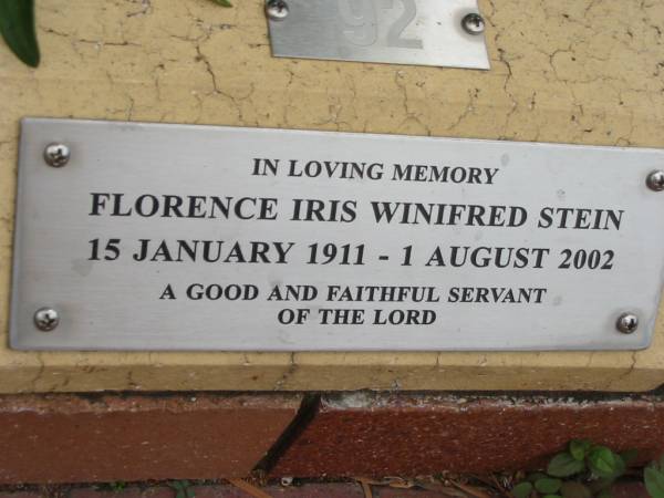 Florence Iris Winifred STEIN,  | 15 Jan 1911 - 1 Aug 2002;  | St Luke's Anglican Church, Ekibin, Brisbane  | 