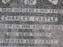 
Charles CASTLE, husband father,
died 8 Aug 1944 aged 75 years;
Frances Ada CASTLE, mother,
died 21 Nov 1971 aged 95 years;
Emu Creek cemetery, Crows Nest Shire

