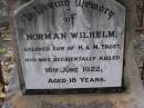 
Norman Wilhelm, son of H. & M. TROST,
accidentally killed 16 June 1922 aged 18 years;
Emu Creek cemetery, Crows Nest Shire
