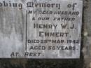 
Henry W.J. EMMERT, husband father,
died 25 March 1942 aged 58 years;
Emu Creek cemetery, Crows Nest Shire
