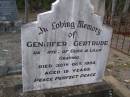 
Gennifer Gertrude,
daughter of Guss & Lillie GRAVING,
died 30 Oct 1954 aged 19 years;
Emu Creek cemetery, Crows Nest Shire
