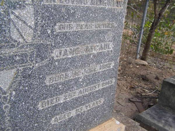 Jane MCCAUL, mother,  | born 30? June 1862  | died 26 Aug 1945 aged 83 years;  | Emu Creek cemetery, Crows Nest Shire  | 