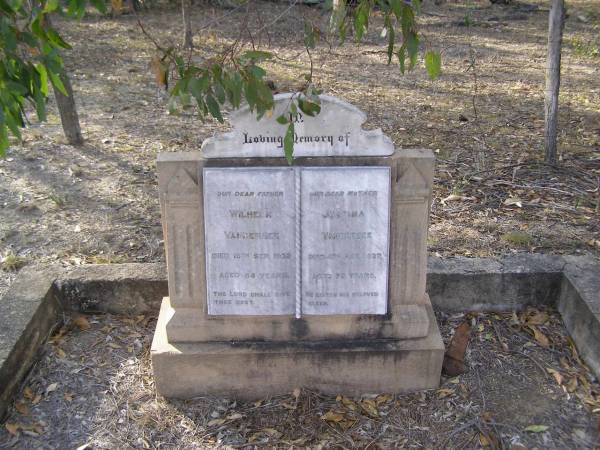 Wilhelm VANDERSEE, father,  | died 16 Sept 1932 aged 84 years;  | Justina VANDERSEE, mother,  | died 4 May 1927 aged 79 years;  | Emu Creek cemetery, Crows Nest Shire  | 