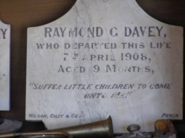 Headstone of Raymond G. DAVEY,  | (d: 7 Apr 1908, aged 9 mths)  | removed from Eucla cemetery, now in Eucla museum,  | Eyre Highway,  | Western Australia  | 