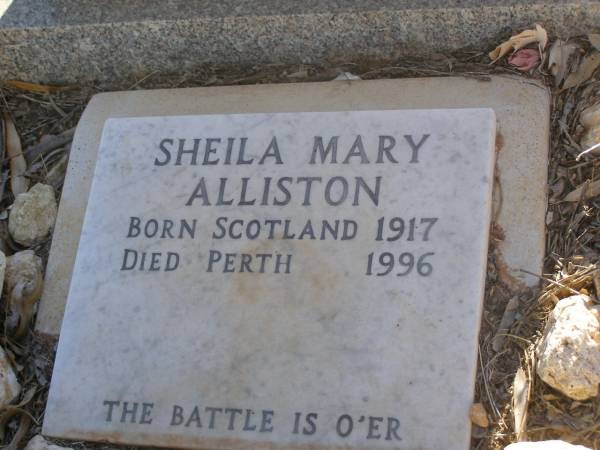 Major Patrick C. ALLISTON  | Staffordshire Yeomanry  | b: 1910  | d: 1982  |   | Sheila Mary ALLISTON  | b: Scotland 1917  | d: Perth 1996  |   | Exmouth Cemetery, WA  | 