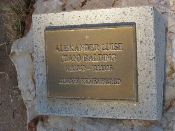 Alexander Luise BALDING (Zan)  | b: 14 Aug 1942  | d: 10 Jan 1996  |   | Exmouth Cemetery, WA  | 